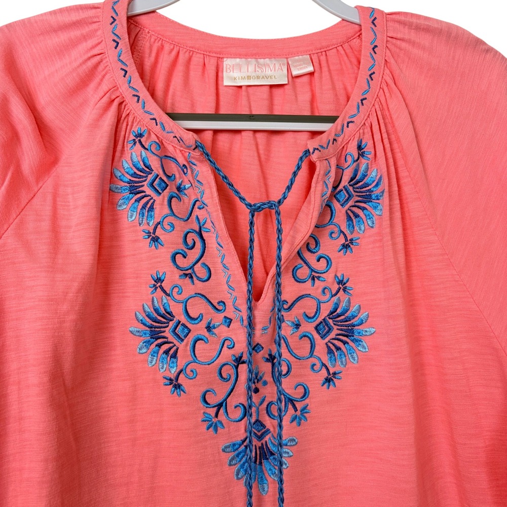 Embroidered Coral Peasant Top with Blue Tassel - Picture 2 of 8
